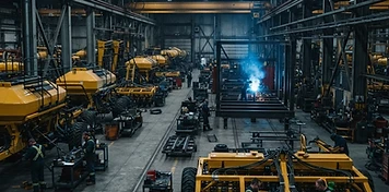 Yellow agricultural seeding implements and air drills in final assembly on a Canadian factory floor