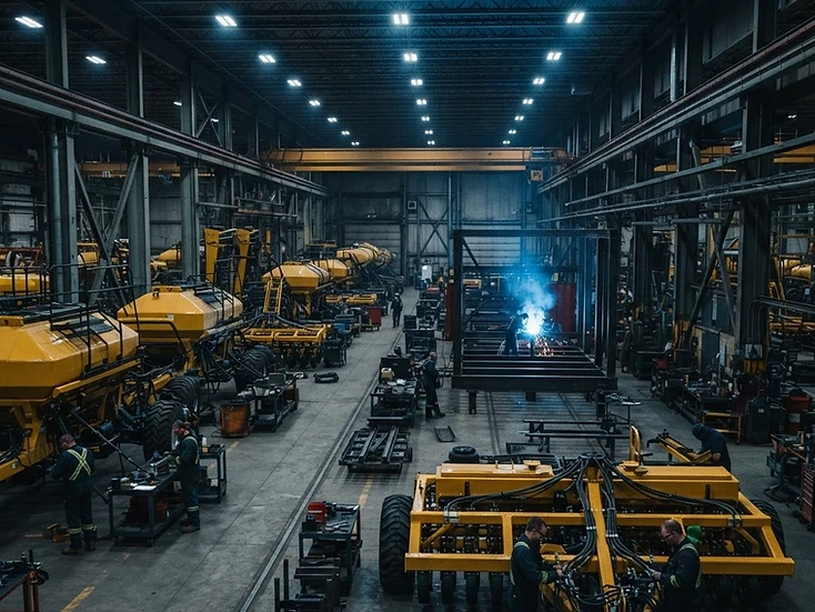 Yellow agricultural seeding implements and air drills in final assembly on a Canadian factory floor