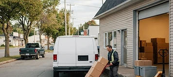 Worker moving plain cartons on a hand truck to a cube truck at a small St. Stephen wholesale business.