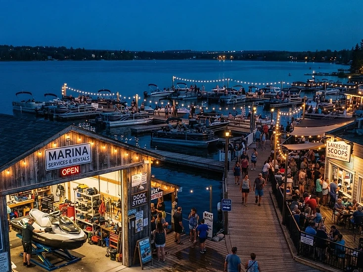 Marina service shop, pontoon boats and boardwalk businesses at Sylvan Lake at dusk