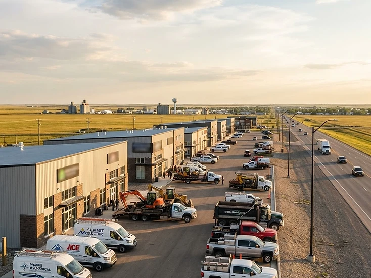 New commercial buildings and trade-service fleets along the Highway 11 growth corridor at Warman, Saskatchewan