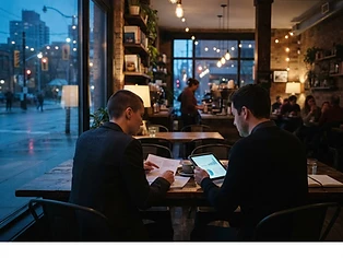 Two people reviewing documents at a wooden table inside an independent café at dusk