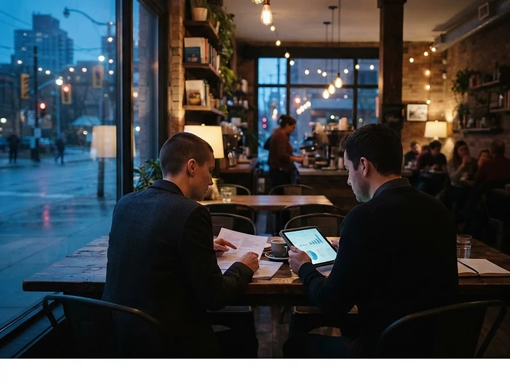 Two people reviewing documents at a wooden table inside an independent café at dusk