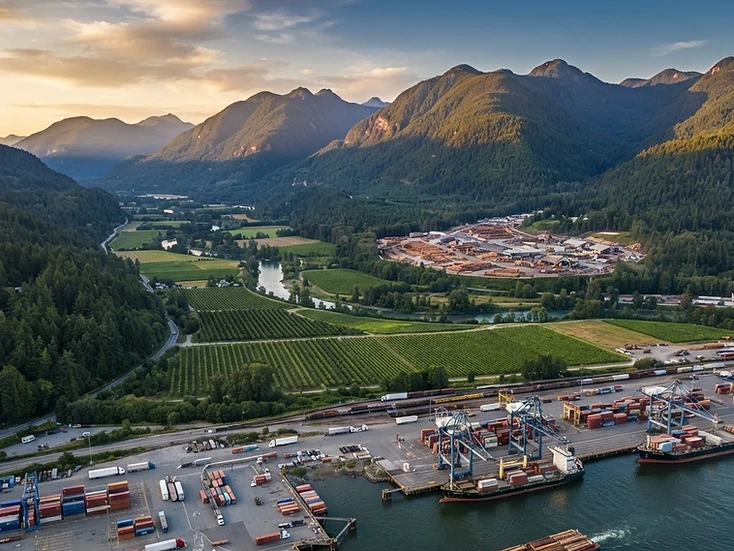 Pacific port, valley farmland and interior resource business landscape across British Columbia