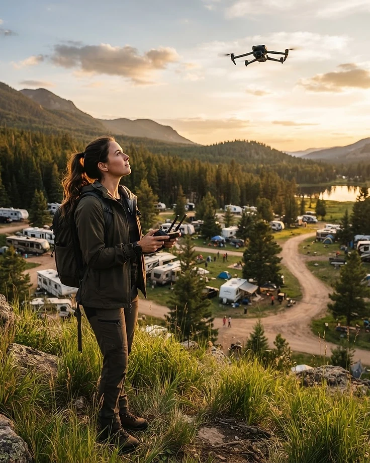 A drone pilot flying over a campground at golden hour