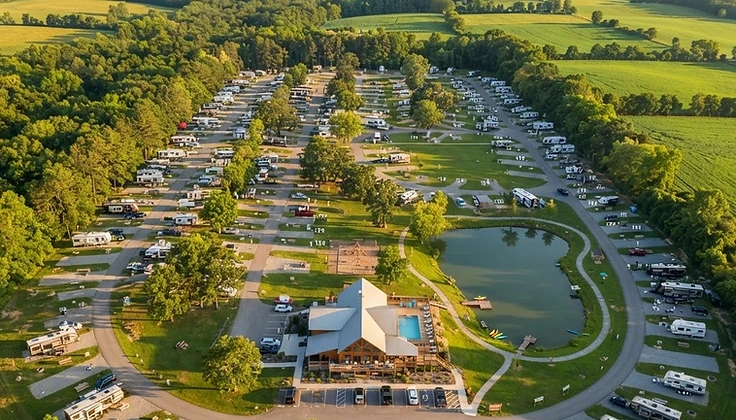 Aerial view of a campground with roads, campsites, and surrounding landscape