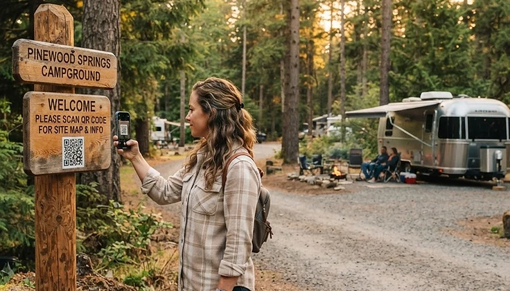 Camper scanning a QR code on a campground welcome sign to open the interactive guest map