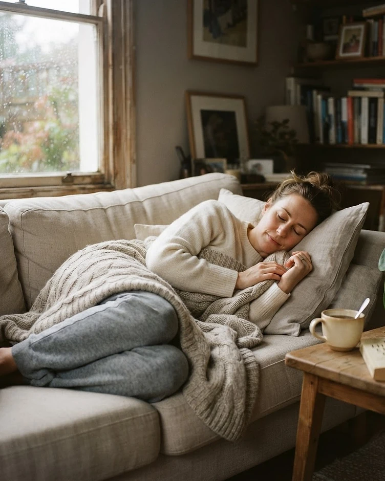 A single parent resting quietly on the couch in warm afternoon light