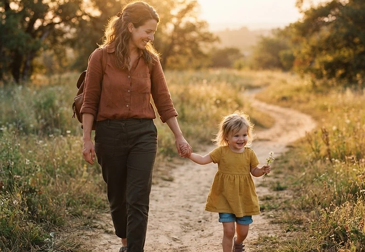 A single parent holding their child's hand, calm and present