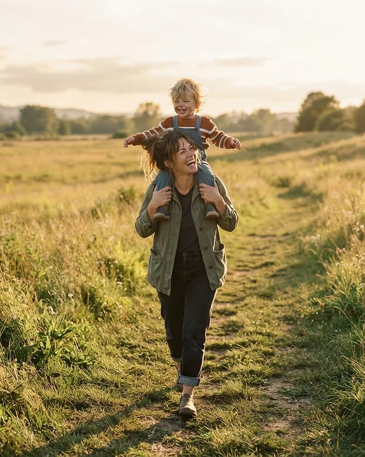 A parent carrying their child on their shoulders at golden hour