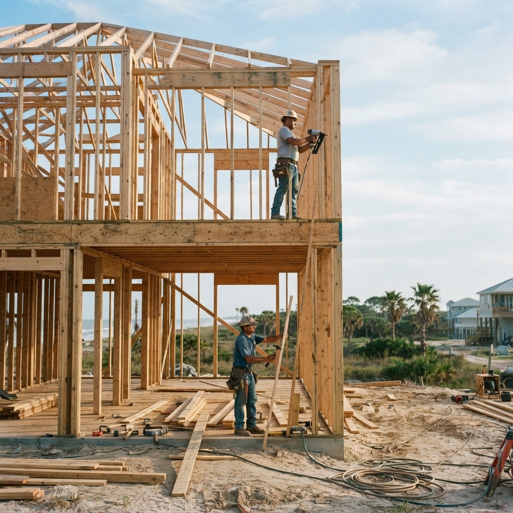 Construction crew working on a residential framing job
