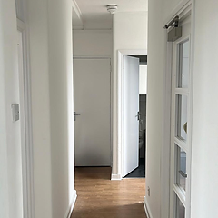 Repainted white corridor with wood laminate flooring