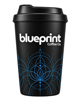 Blueprint Coffee Co. branded KeepCup — matte black with blue sacred-geometry mandala