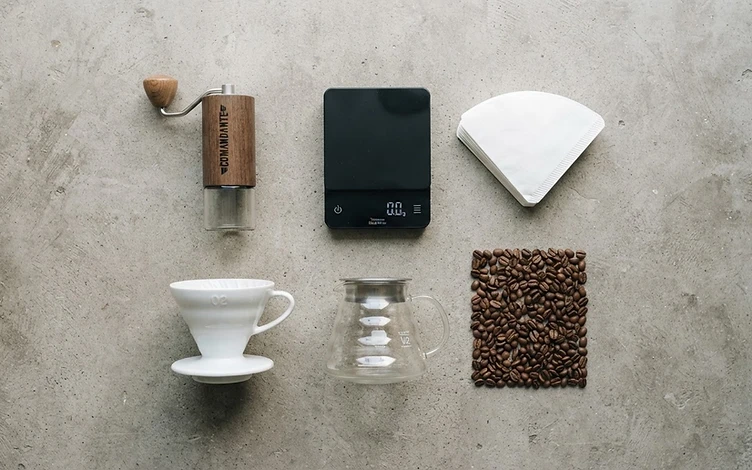 Brewing tools laid out in a grid
