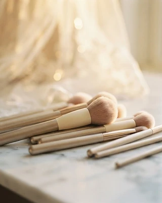 Cepillos de maquillaje sobre mármol, ritual bridal