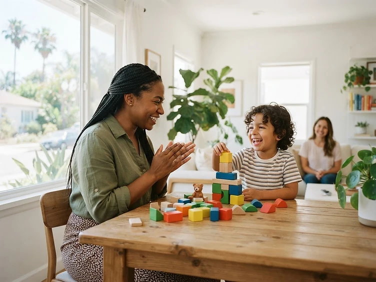 Therapist and child enjoying a learning activity together