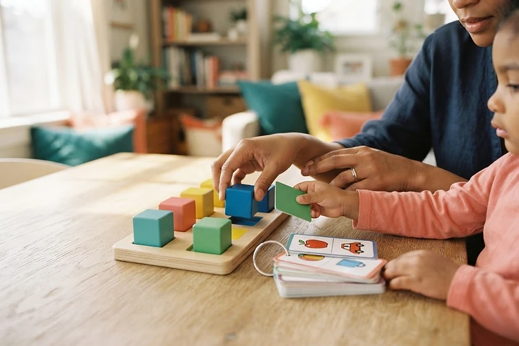 Hands working together with colorful learning materials