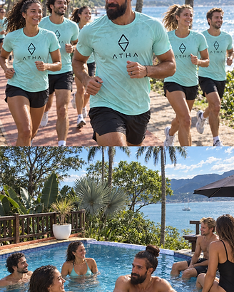 Grupo em corrida e relaxamento na piscina durante o retiro ATHA