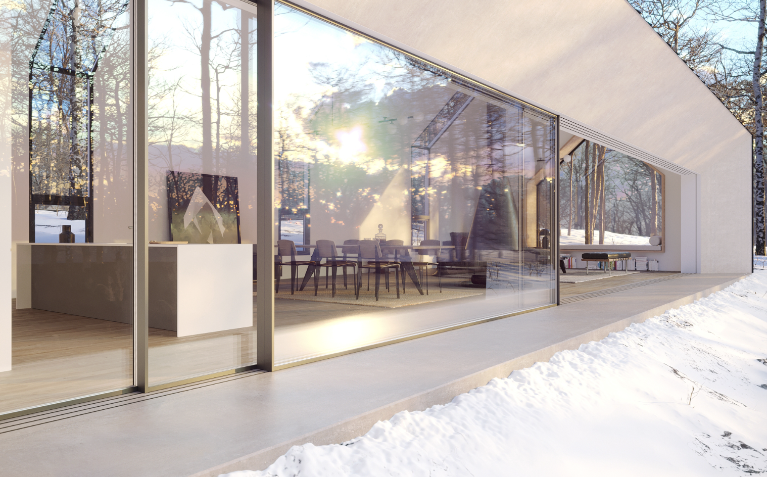 Vitrocsa minimalist sliding window system blending interior and snowy exterior