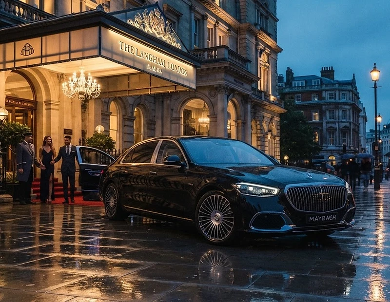 Executive chauffeur car arriving at a grand hotel at dusk