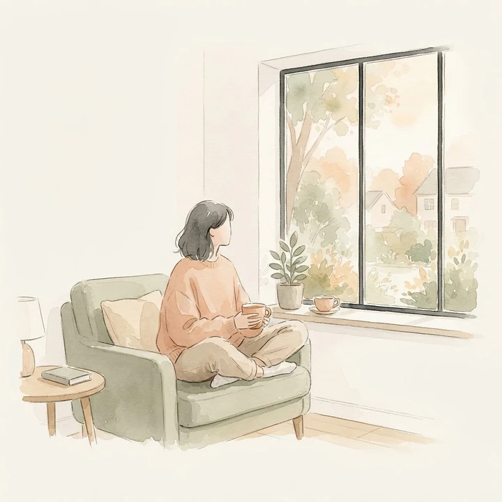 A quiet pause: a person resting by a window with a warm drink, taking a moment to slow down in a full life.