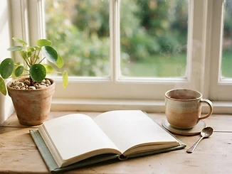 An open journal and a warm drink resting on a windowsill in soft morning light