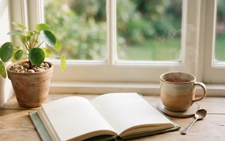 An open journal and a warm drink resting on a windowsill in soft morning light