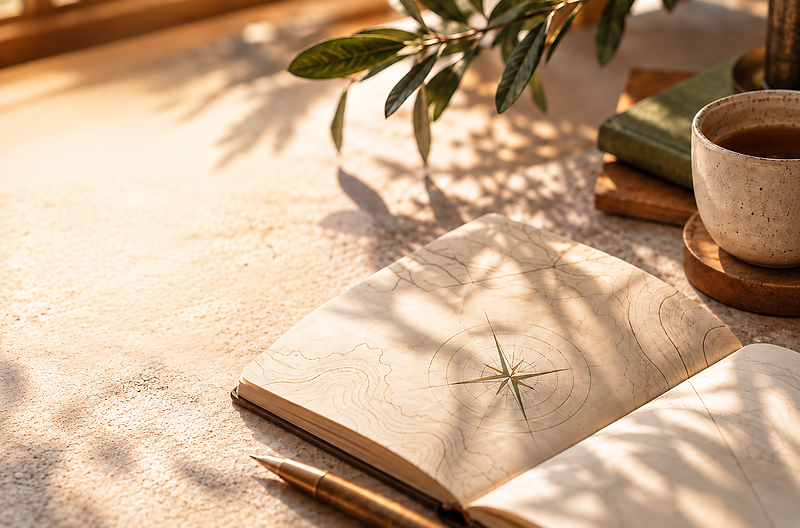 A sunlit tabletop with an open notebook showing a topographic map and compass rose, a brass pen, a ceramic mug of tea, and olive foliage casting soft shadows