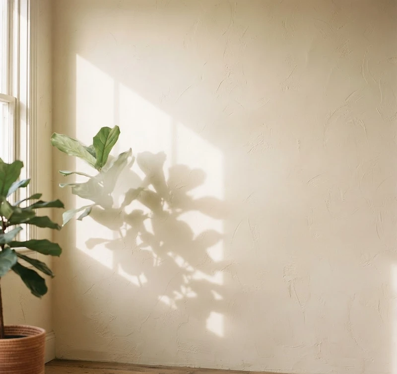 Soft morning light and gentle plant shadows across a warm cream wall