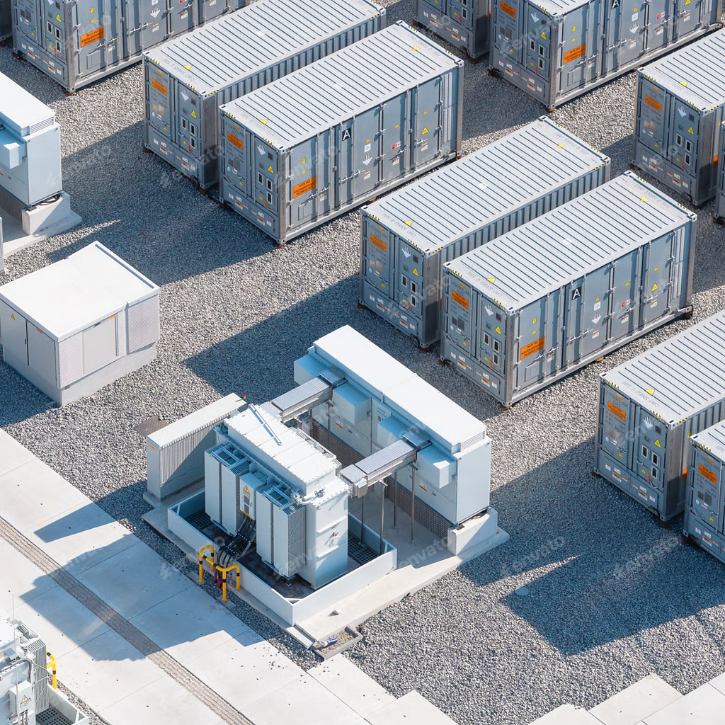Aerial view of power modules and generator enclosures at an industrial facility