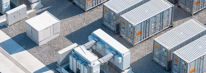 Aerial view of power modules and generator enclosures at an industrial facility