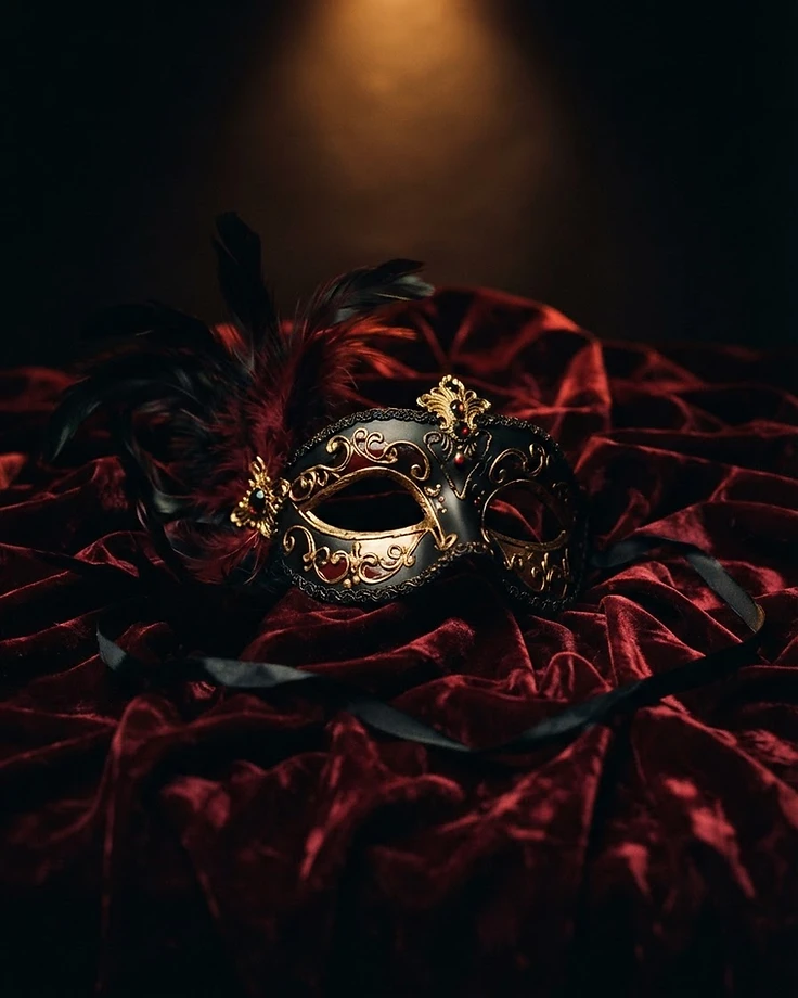 A black and crimson masquerade mask resting on dark red velvet