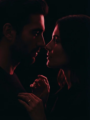 Two adults in deep shadow with crimson rim lighting — an intimate, discreet moment