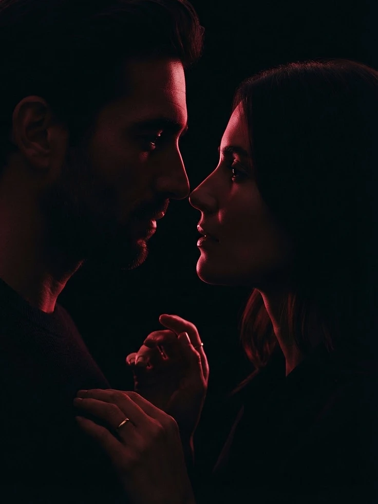 Two adults in deep shadow with crimson rim lighting — an intimate, discreet moment