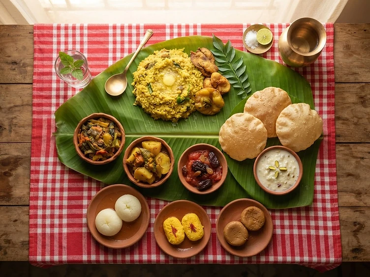 Traditional Bengali festive Bhog on banana leaf