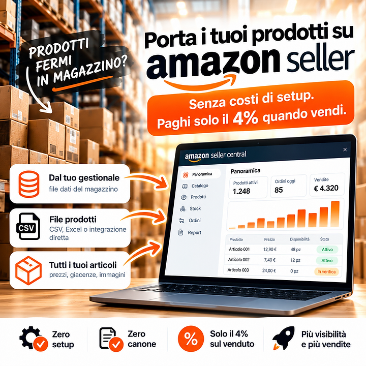 Vendi su Amazon dal tuo magazzino: zero costi di setup e 4% sul venduto