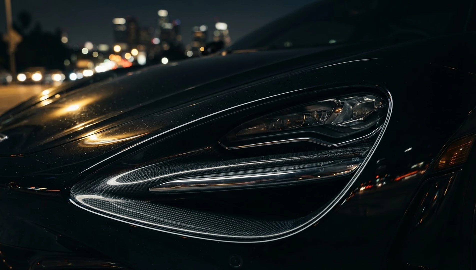 Luxury car headlight macro under Los Angeles night reflections
