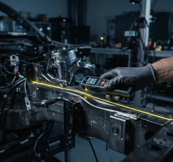 Technician using digital frame-measuring tool