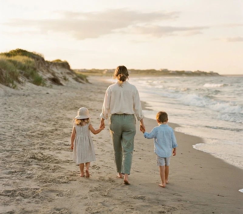 A nanny walking with two children along a Martha's Vineyard beach at golden hour