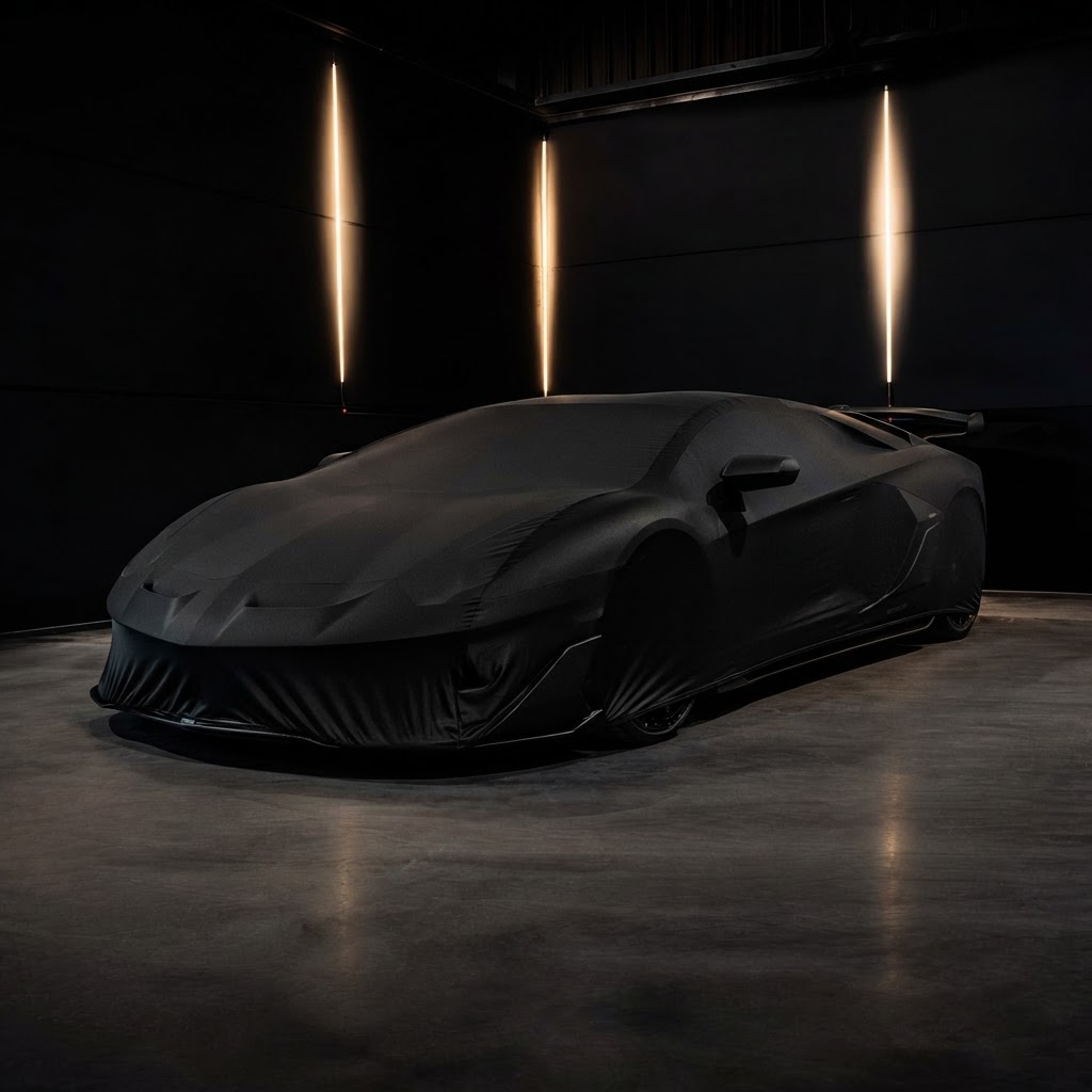 Aventador SVJ under a black car cover