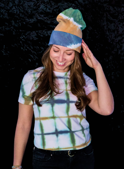Color-blocked tie-dye beanie and t-shirt