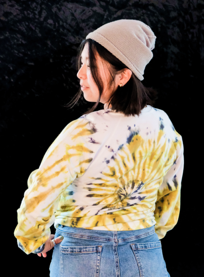 Mustard-yellow and navy tie-dye shirt