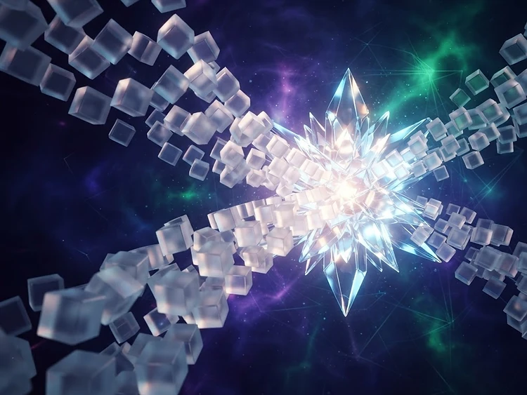 Abstract visualization of product data flowing into a unified structure