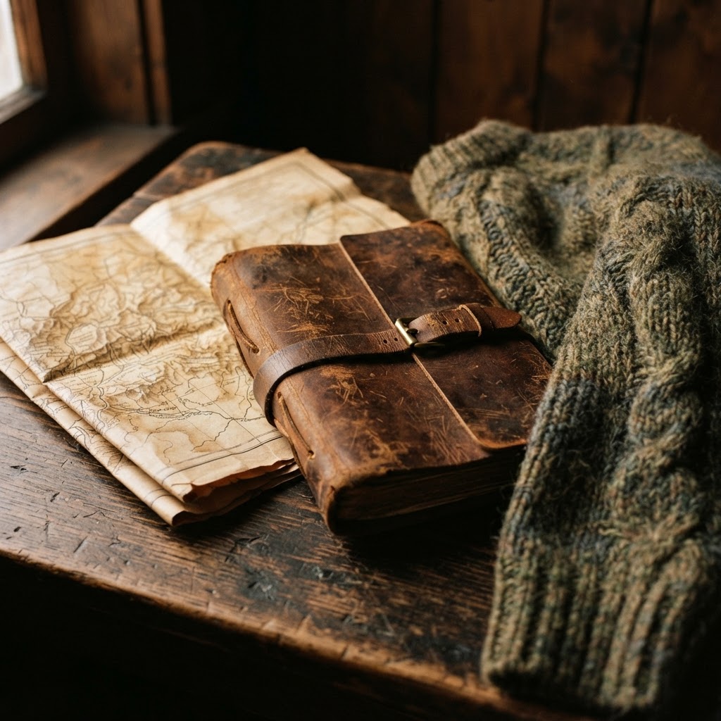 A weathered leather-bound travel map and wool coat