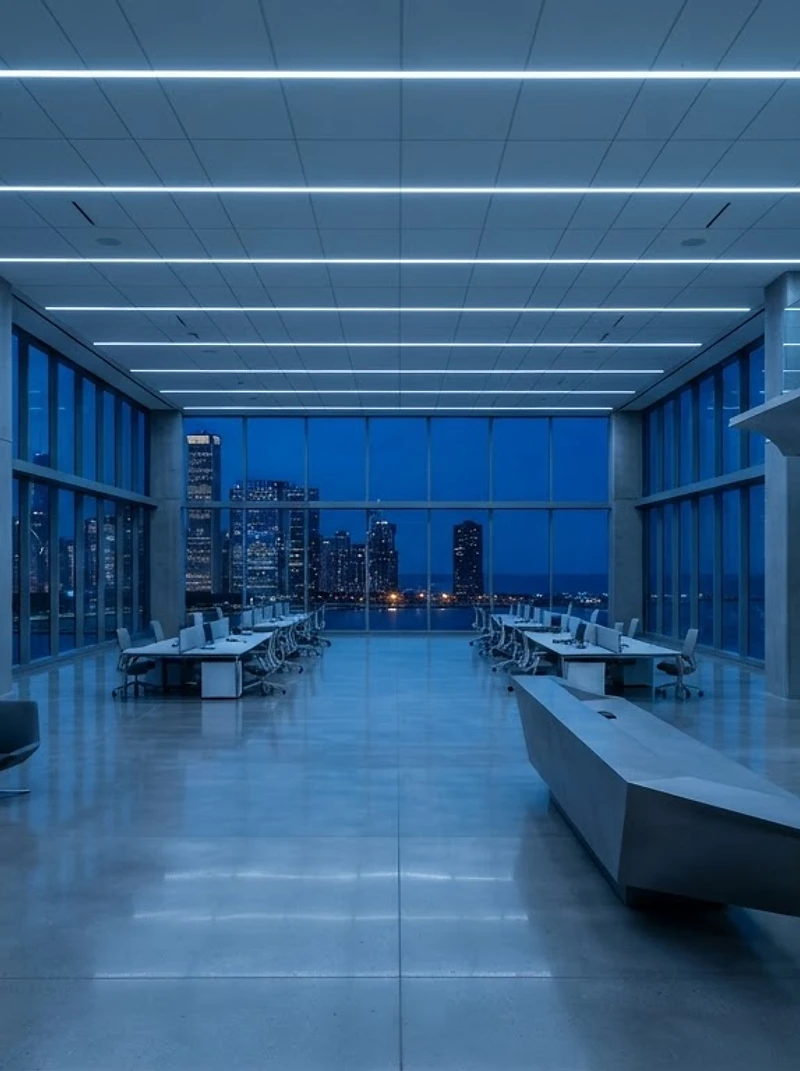 Modern Chicago office interior at blue hour overlooking the lake