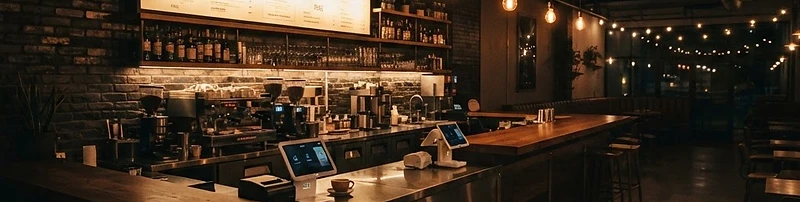 Modern restaurant interior with service counter, POS terminals, and menu boards
