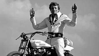Still frame from BluPoetry's Evel Knievel AI film.