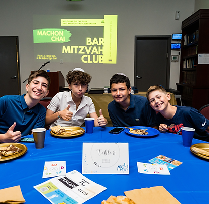 Four BMC boys giving thumbs up at the Bar Mitzvah Club brunch