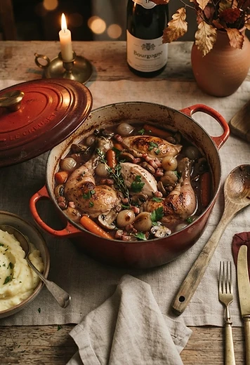 Coq au vin braised chicken in red wine sauce