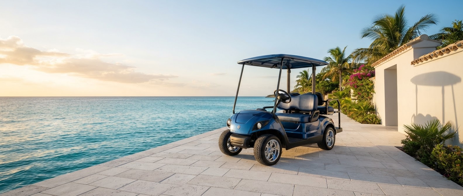 Golf cart on a South Padre Island coastal path